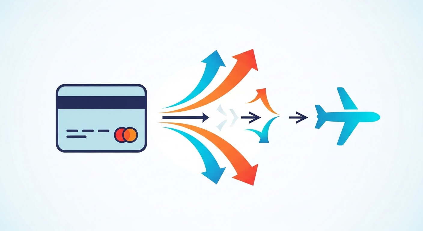 신용카드에서 항공 마일리지로 전환되는 과정을 나타낸 화살표와 비행기 아이콘 일러스트