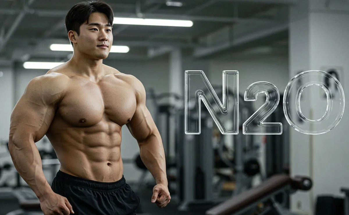 헬스장에서 포즈를 취한 근육질 보디빌더 N2O 제품 홍보 이미지