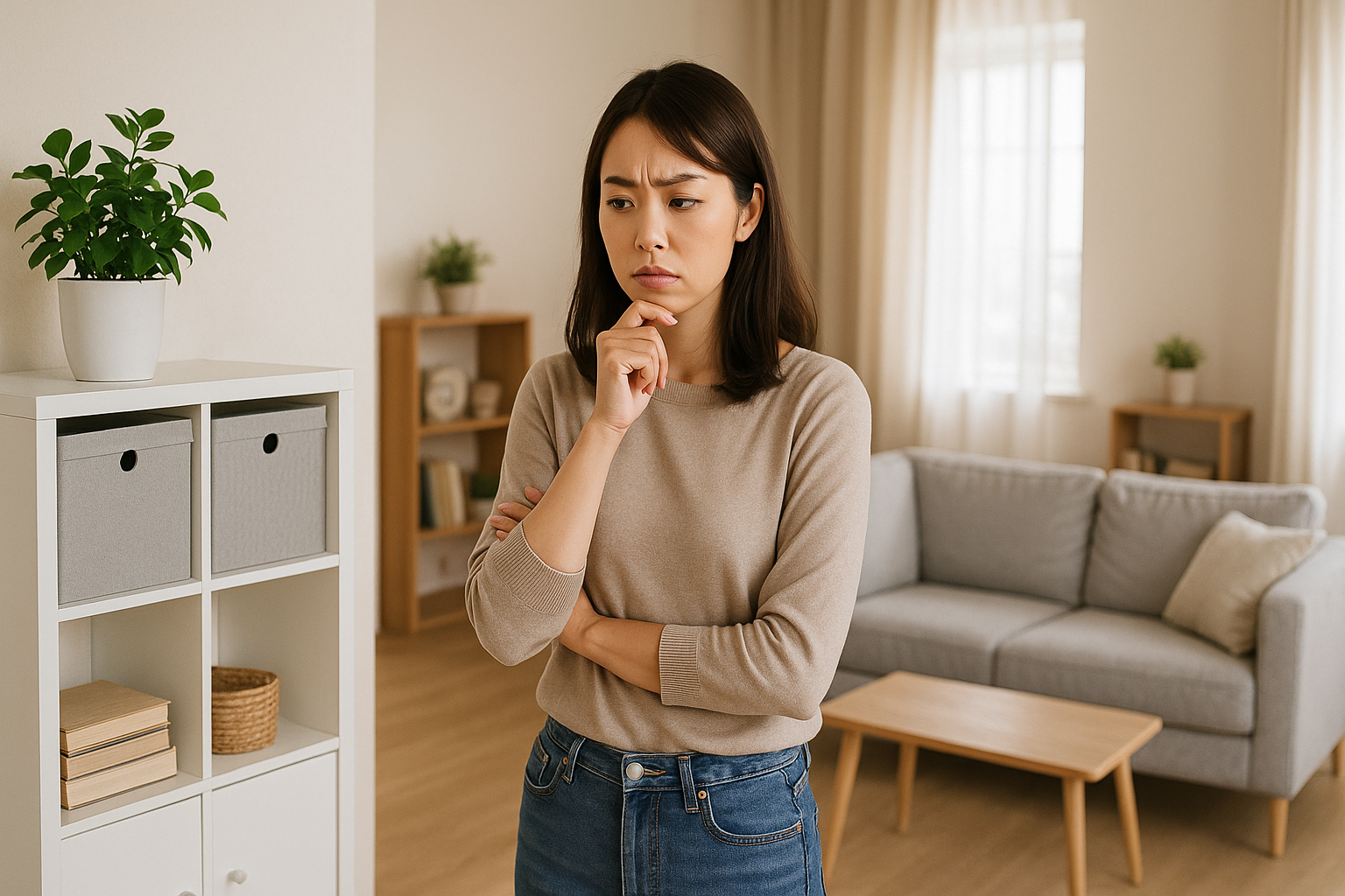 수납 가구와 공간 재배치를 고민하는 여성