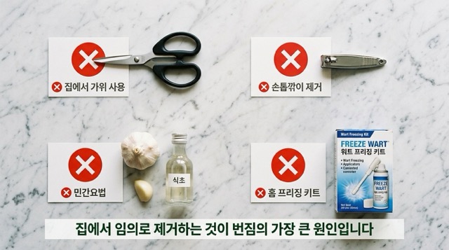 집에서 사마귀 제거 위험 자가접종 번짐 감염 오진 흉터 위험