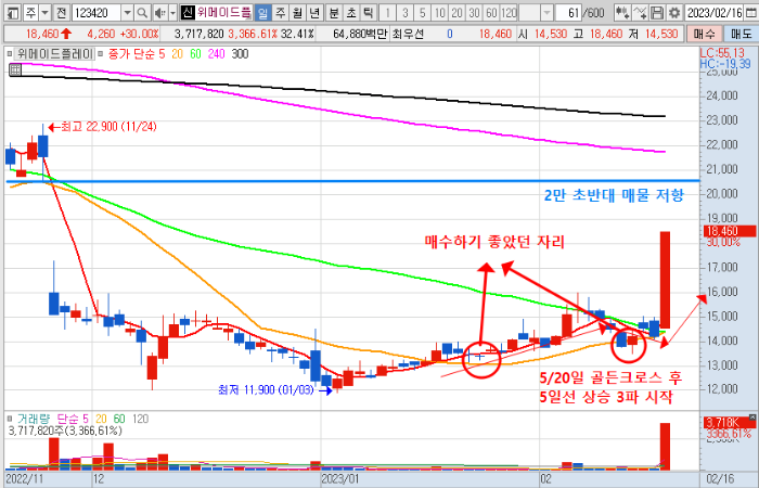 2월 16일 위메이드플레이 일봉 차트