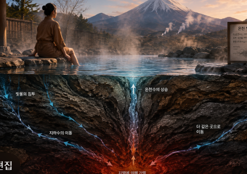 온천에 발을 담그고 있는 인물과 그 아래 지하에 암석층과 지하수 이동 경로, 지열에 의해 가열되는 구간을 보여주는 이미지