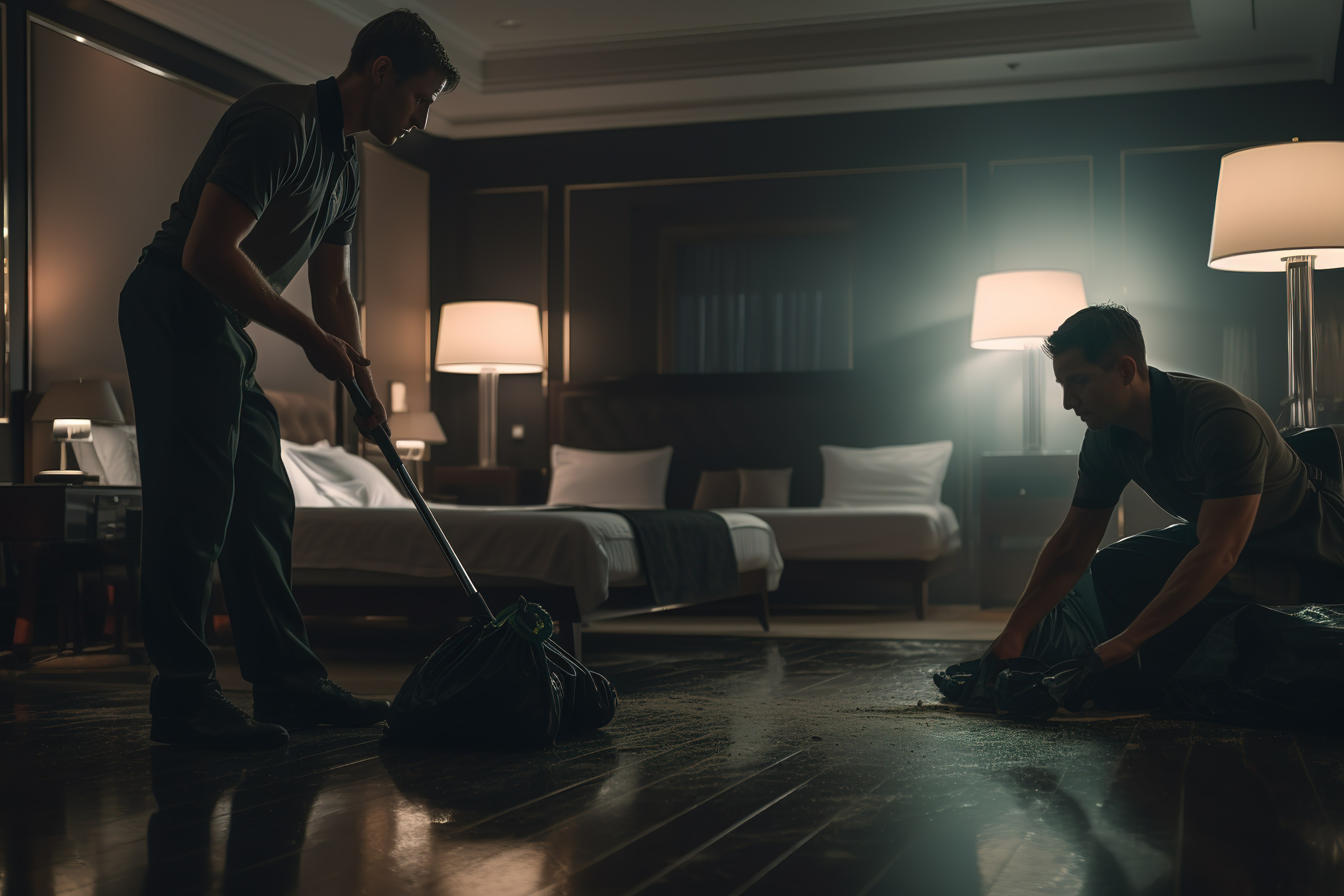 밤 시간 집에서 청소를 하는 두 남성, 한 명은 청소기를 사용하고 다른 한 명은 바닥을 닦고 있는 야간 청소 장면
