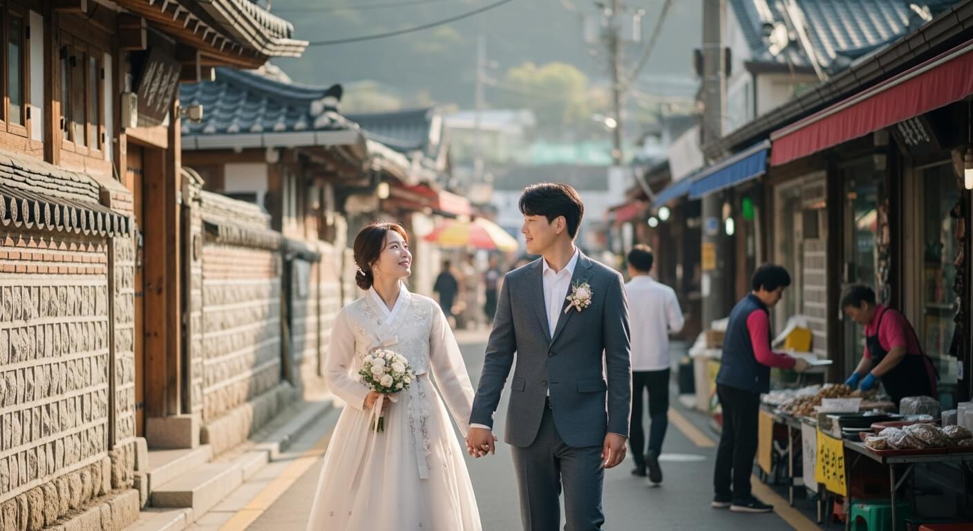 한옥 마을 거리에서 한복을 입고 손을 잡고 걷는 신혼부부
