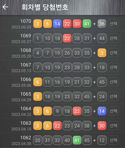 회차별 로또 당첨번호 비교