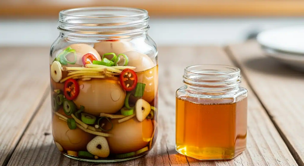 유리병 안에 간장 숙성되고 있는 계란장이 들어 있고, 그 옆에 꿀 병이 놓여 있음.