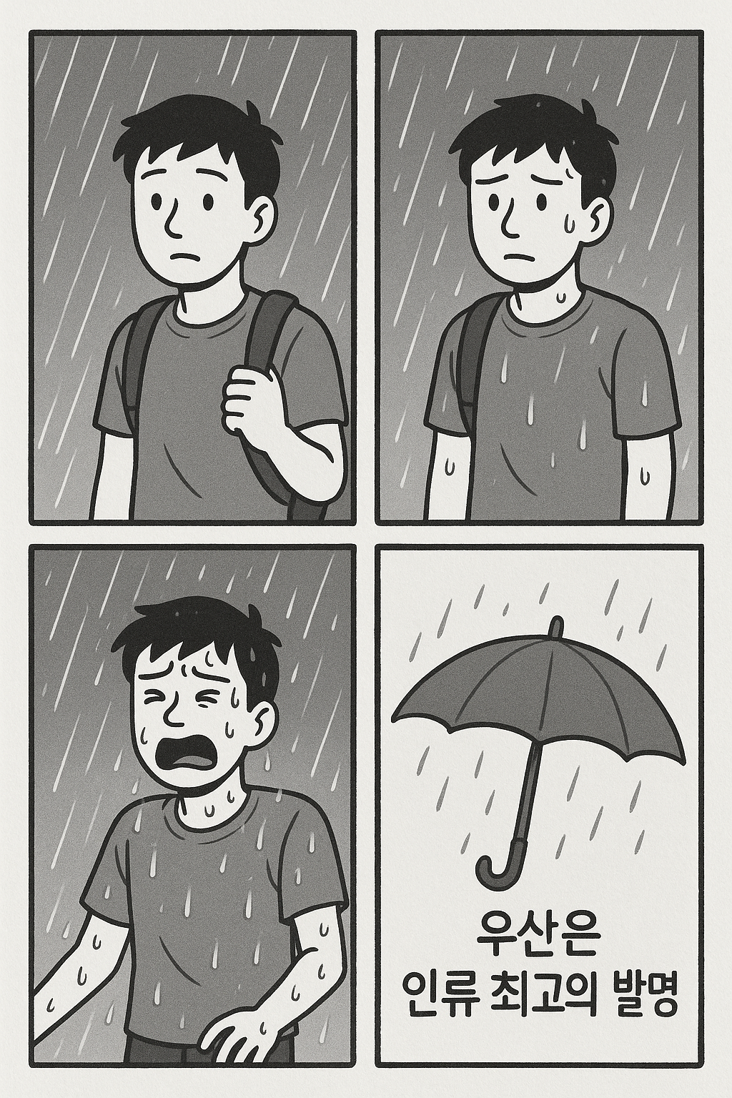 장마철에 우산 없이 나온 사람을 주제로 한 단순한 흑백 4컷 만화를 만들어줘. 마지막 컷엔 &lsquo;우산은 인류 최고의 발명&rsquo;이라는 문구 넣어줘
