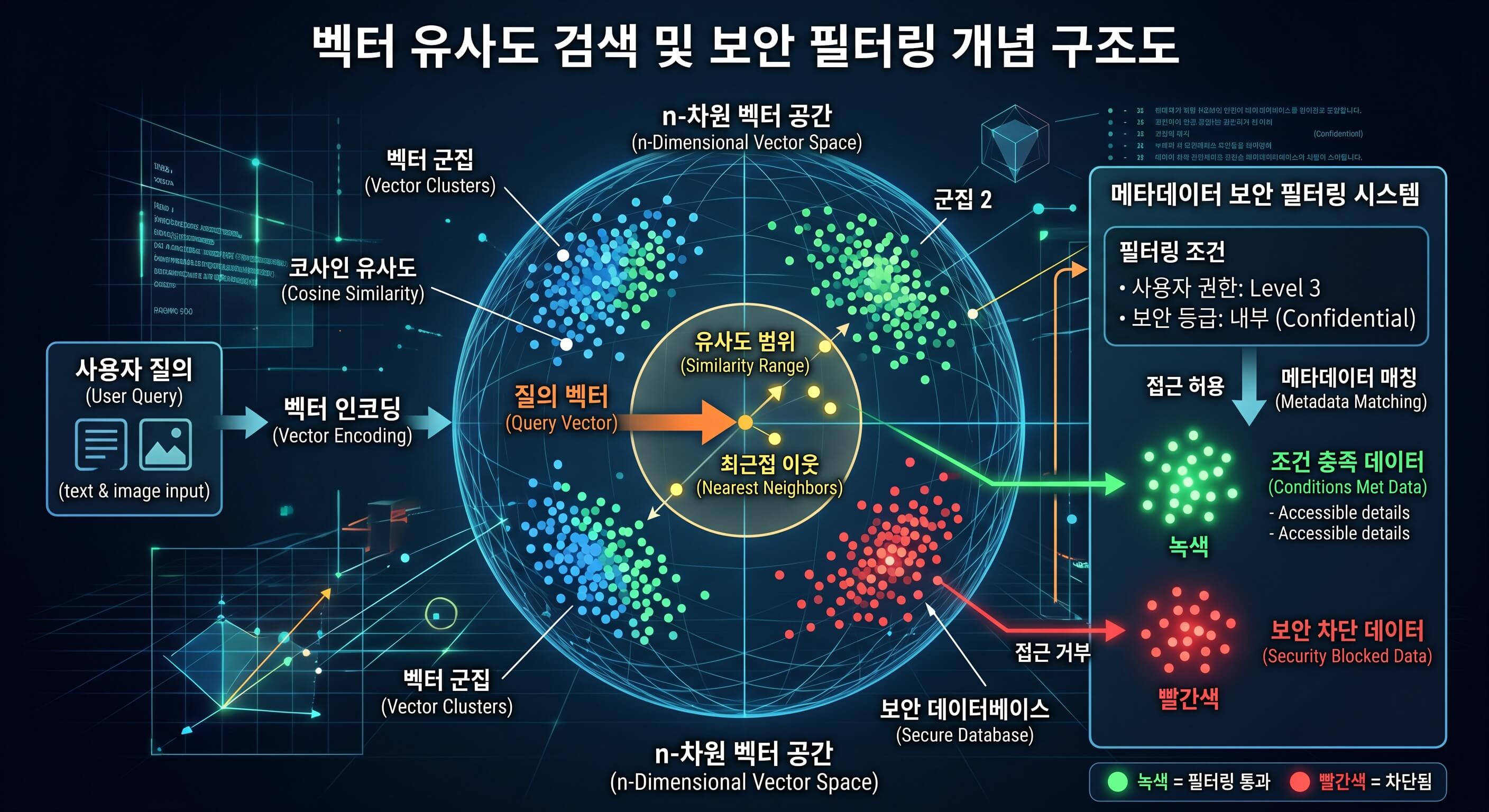 검색 결과에서 민감한 데이터를 자동으로 블러처리하거나 제외하는 로직의 흐름을 도해로 표현.