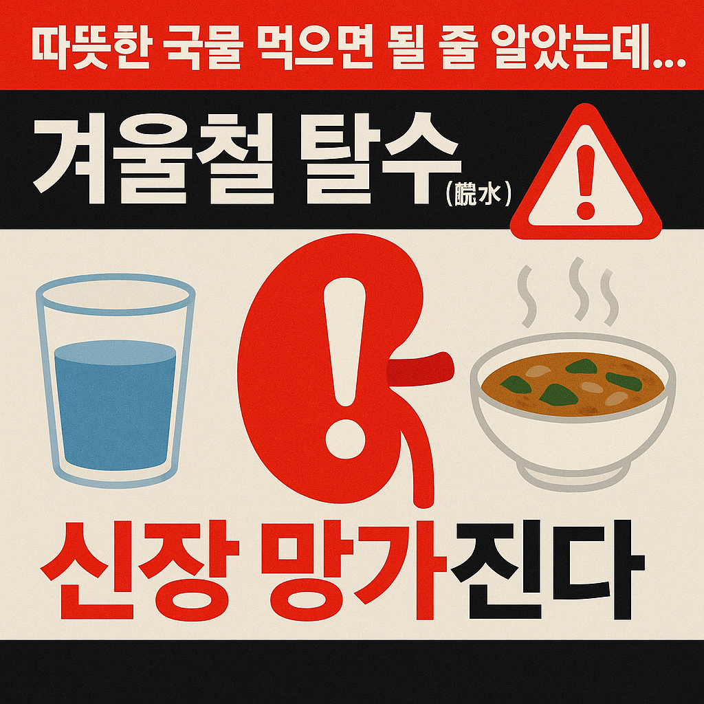 겨울철 탈수 위험을 경고하는 의료 인포그래픽, 신장 아이콘과 물&middot;국물 대비 이미지가 포함된 건강 콘텐츠용 썸네일