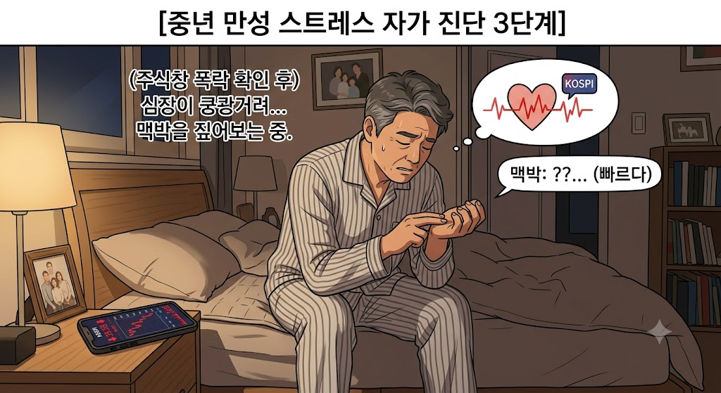 주식 폭락 확인 후 심장이 쿵쾅거려 침대 머리맡에서 손목 맥박을 짚어보며 중년 만성 스트레스 증상을 자가 진단하는 애니메이션 이미지