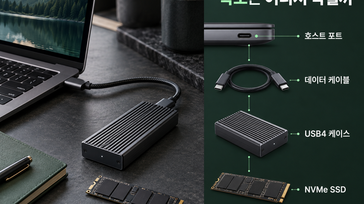 호스트 포트와 데이터 케이블, USB4 케이스, NVMe SSD의 공통 지원 범위를 설명하는 도식
