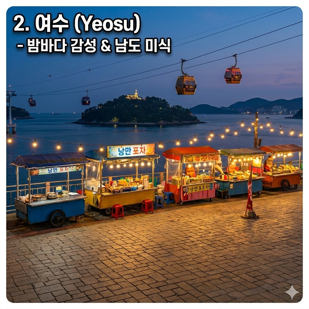 화려한 조명으로 장식된 돌산대교와 '낭만 포차' 거리의 야경. 해상 케이블카가 지나가고 있으며 밤바다의 활기찬 분위기를 담은 이미지. 상단에 '2. 여수 (Yeosu) - 밤바다 감성 &amp; 남도 미식' 텍스트 포함.