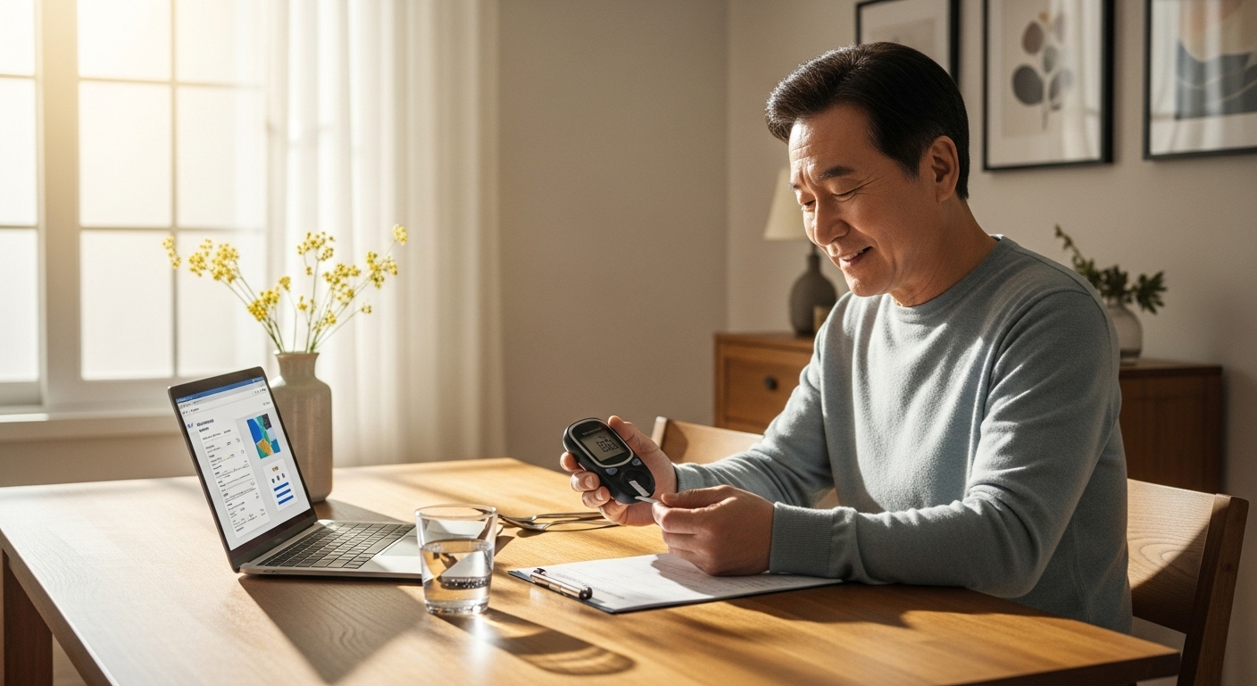 아침 햇살 아래 혈당계를 사용하는 60대 남성의 건강 루틴