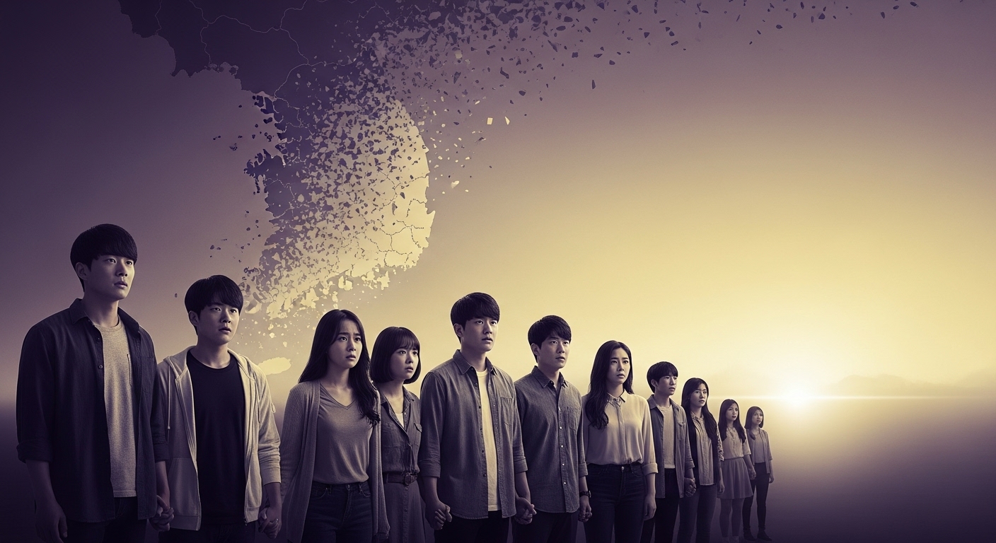 저출산과 고령화로 인해 위기에 처한 대한민국 지도를 배경으로, 고민하는 청년들이 미래를 향해 희망을 품는 모습