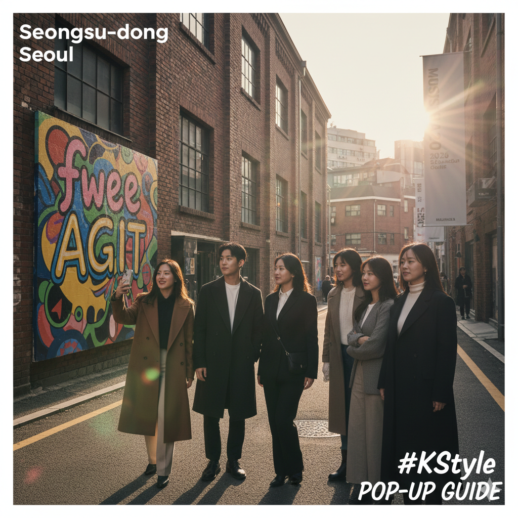 A group of stylish friends exploring the "Industrial Chic" streets of Seongsu-dong, posing near a colorful mural with pop-up store banners.