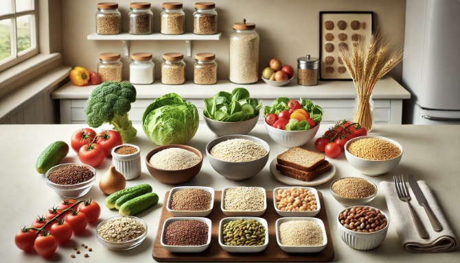 현미, 귀리, 통밀빵, 퀴노아, 콩류, 채소