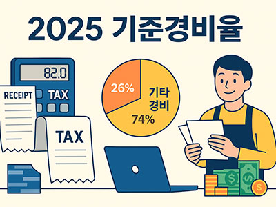 2025 기준경비율: 영수증&amp;#44; 세금서류&amp;#44; 노트북&amp;#44; 비율 그래프(기타경비 74%&amp;#44; 주요경비 26%)를 들고 있는 남성