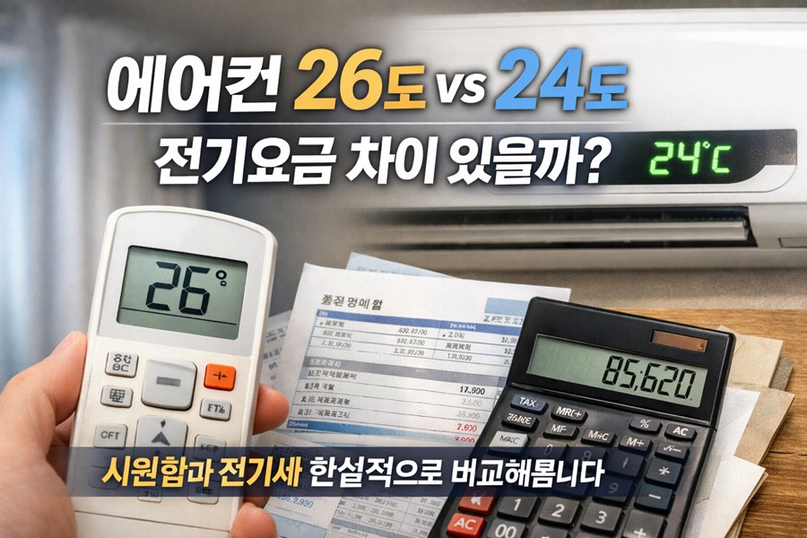 에어컨 설정온도 26도와 24도의 전기요금 차이를 비교하며 여름철 냉방비 절약 방법을 설명하는 이미지