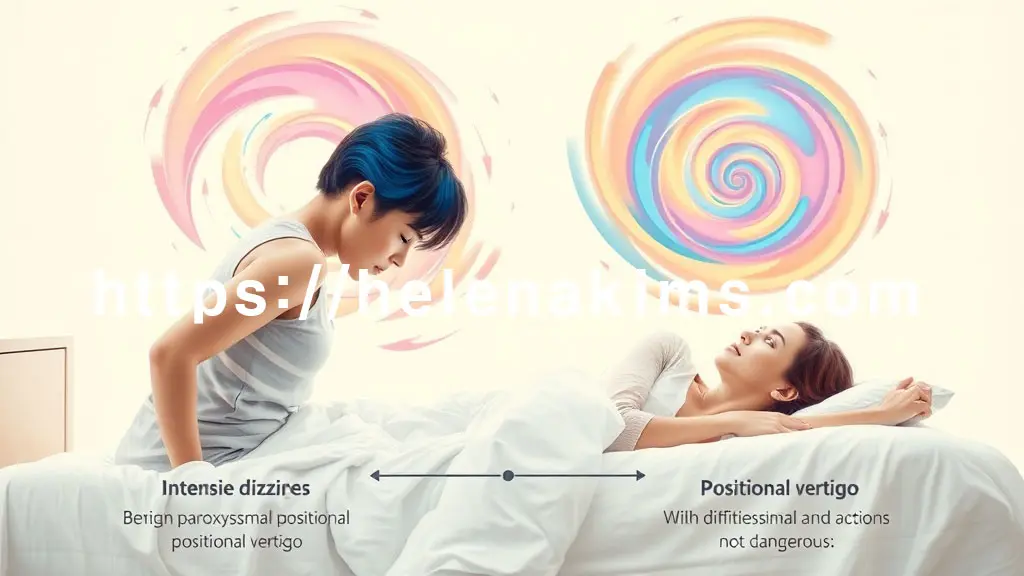 여성이 특정 자세(예: 침대에서 일어나거나 눕는)를 취하는 순간, 머리 주위로 강렬하게 회전하는 어지럼증을 표현.