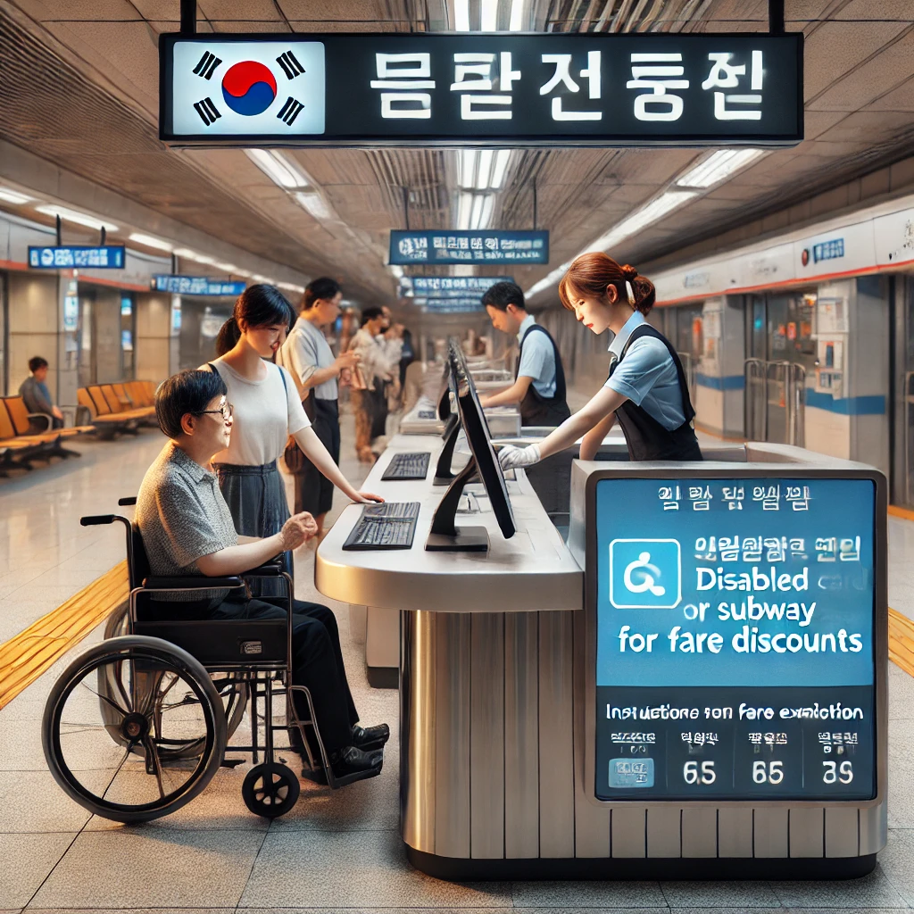 지하철역 서비스 센터에서 장애인이 교통카드 등록 절차를 진행하는 모습.