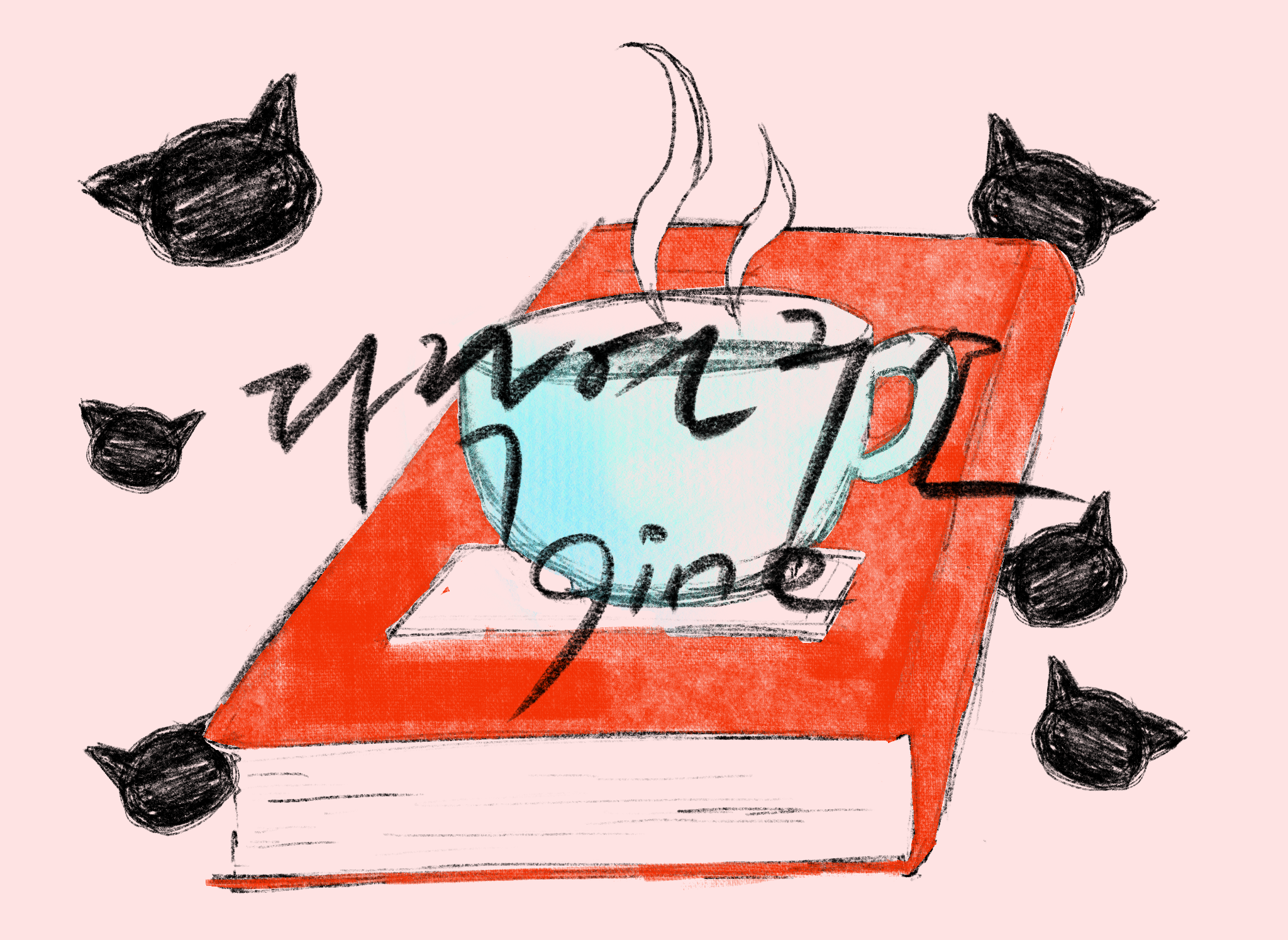 도서 카페, 공장의 이미지를 그린 그림
책 위에 커피잔, 배경에는 고양이