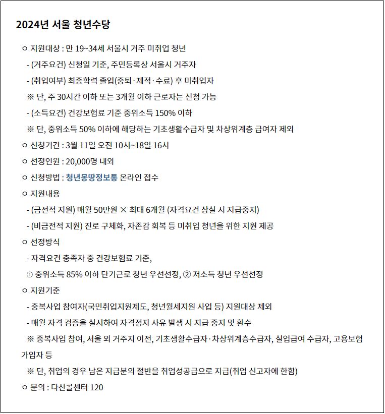 2024년 서울 청년수당 요약