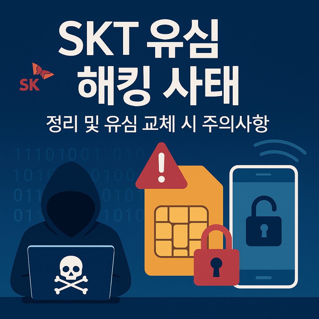 SKT 유심 해킹 사태를 주제로 한 이미지로, 해커, 유심 카드, 자물쇠, 스마트폰 등을 통해 보안 위협과 주의사항을 시각적으로 표현한 디자인입니다.
