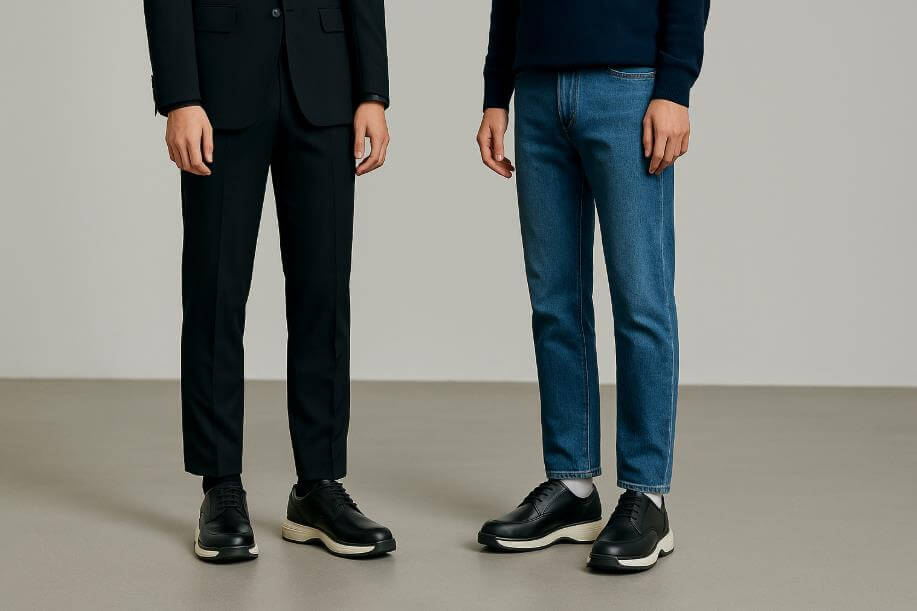 정장과 청바지 차림 남성이 같은 슈즈를 착용한 모습.