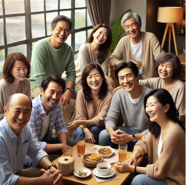 중년 이후 줄어드는 인간관계를 유지하기 위한 따뜻한 친구 모임 장면