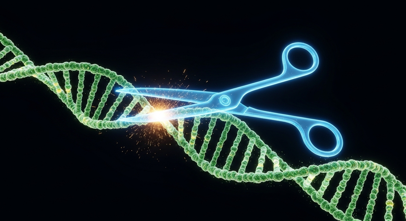 유전자 가위 기술(크리스퍼)이 DNA의 특정 부분을 정교하게 수정하는 과정을 보여주는 과학 그래픽.
