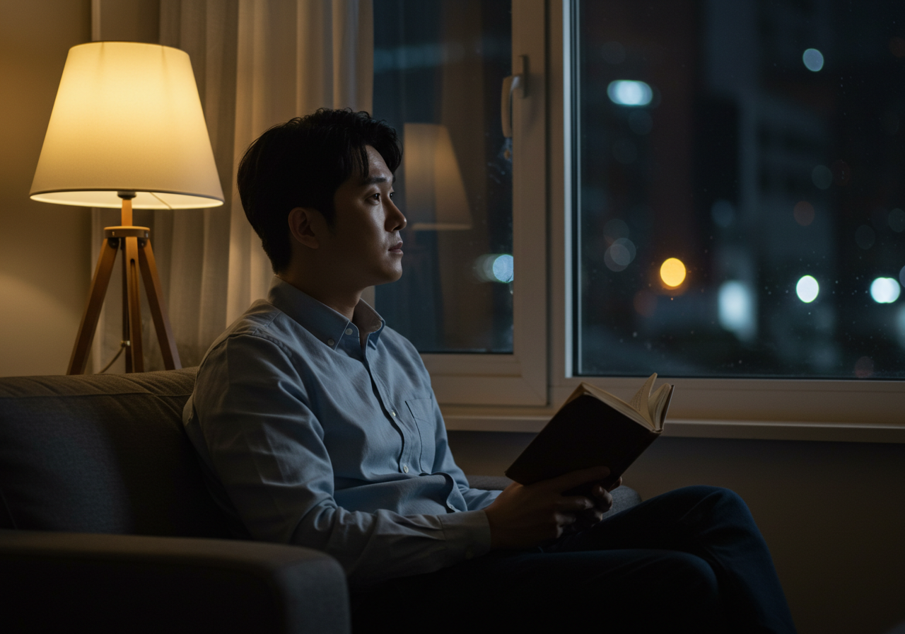 잠 못 드는 밤 직장인이 책을 읽는 모습