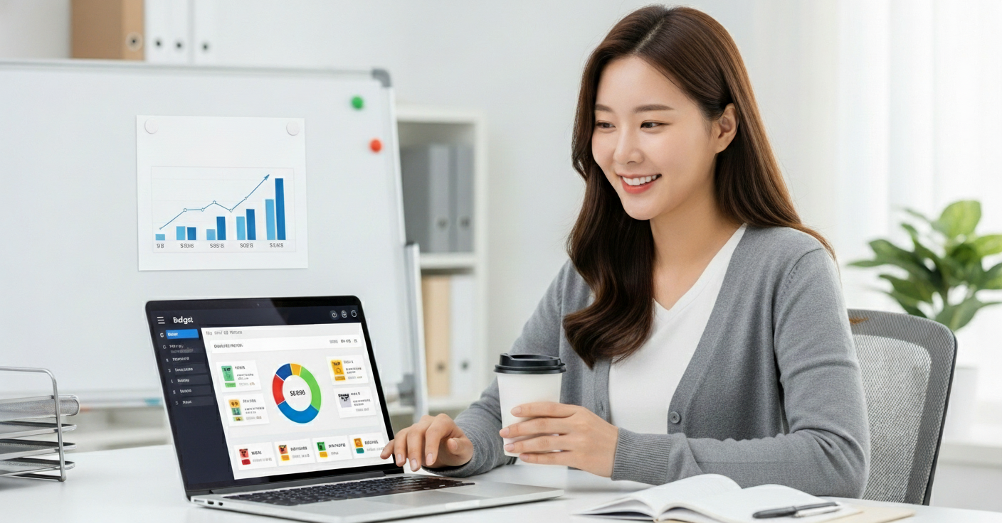 깔끔한 사무실에서 노트북으로 맞춤형 예산 계획을 확인하며 만족스러운 미소를 짓는 한국인 여성. 유연한 재정 관리의 성공을 표현.