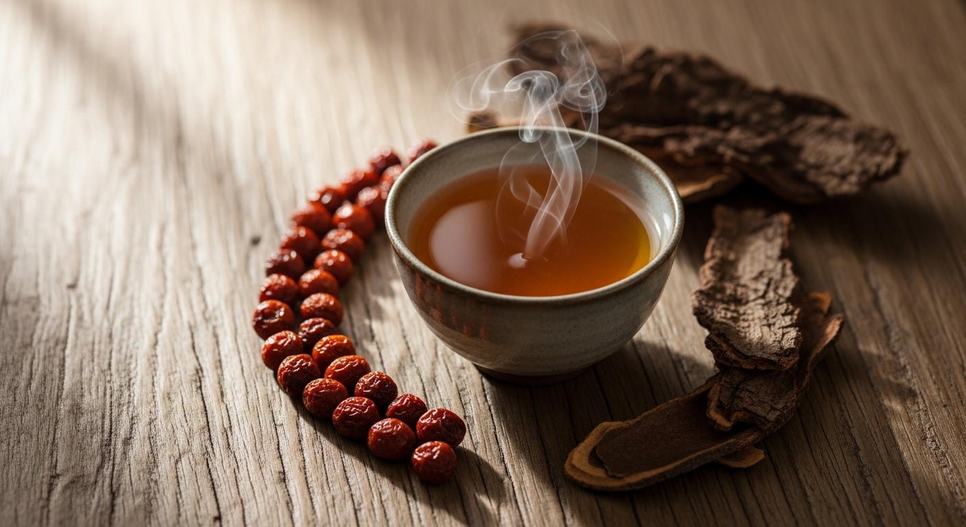 따뜻한 마가목 차 한 잔과 그 옆에 놓인 말린 마가목 열매와 줄기 조각.