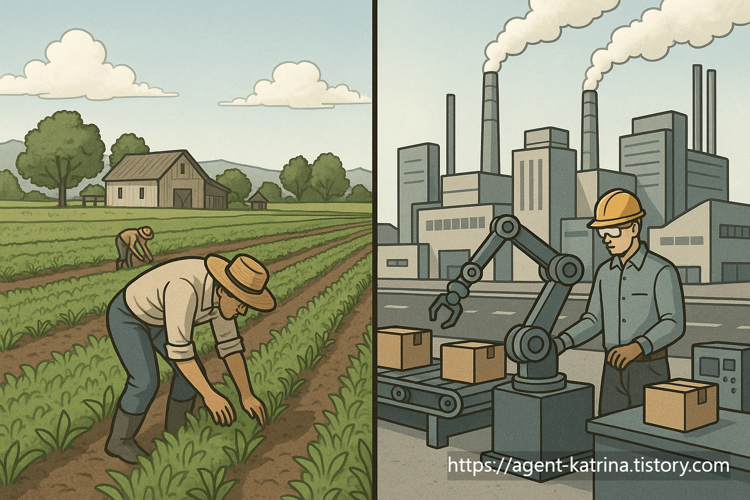 ChatGPT 이미지 농업사회와 산업사회의 대비를 보여주는 이미지