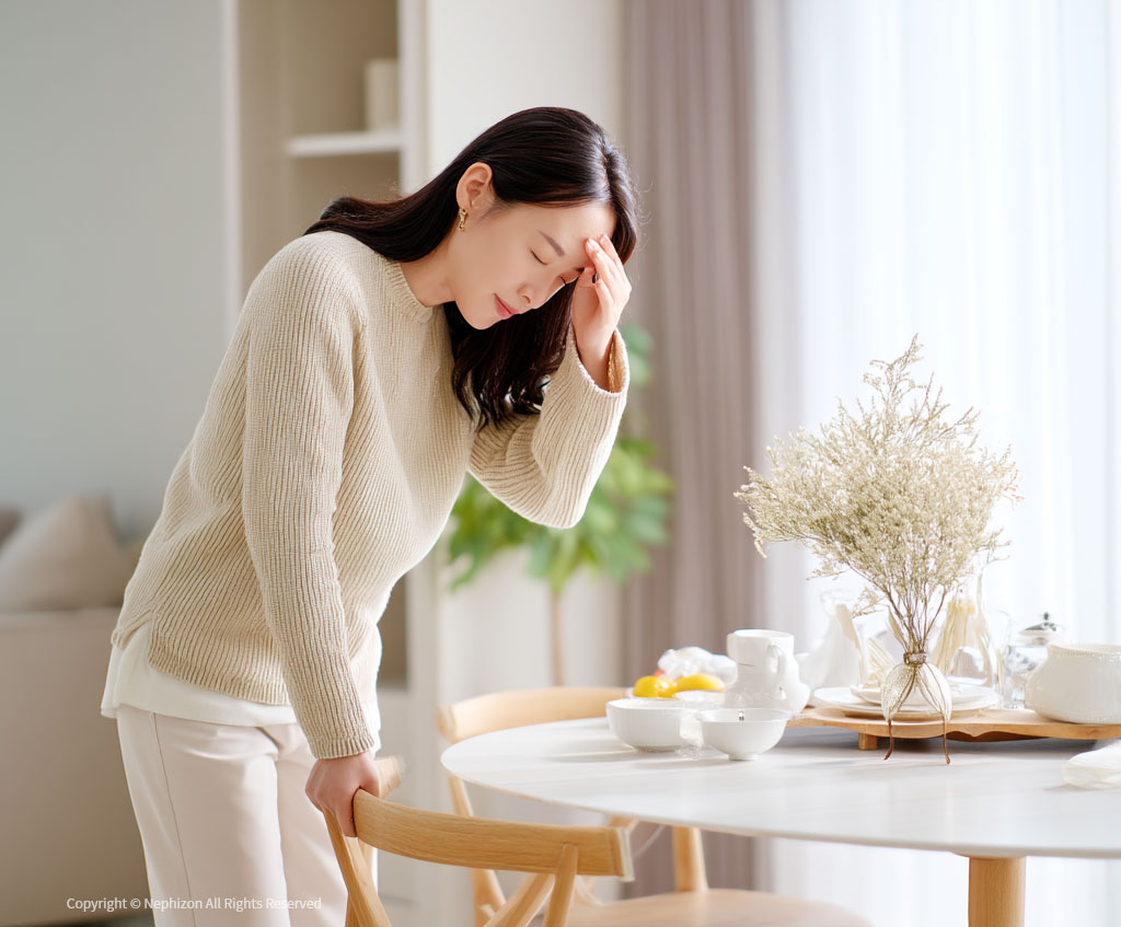 식사후 기립시 이마를 짚고 어지럼증을 느끼는 여성