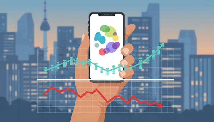 스마트폰 앱으로 소비 패턴을 분석하여 불필요한 지출을 줄이고 저축을 늘리는 과정을 보여주는 인포그래픽.