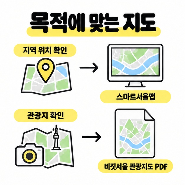 스마트서울맵의 지역 위치 확인과 비짓서울 관광지도 PDF의 관광지 확인을 비교하는 목적별 선택 도식