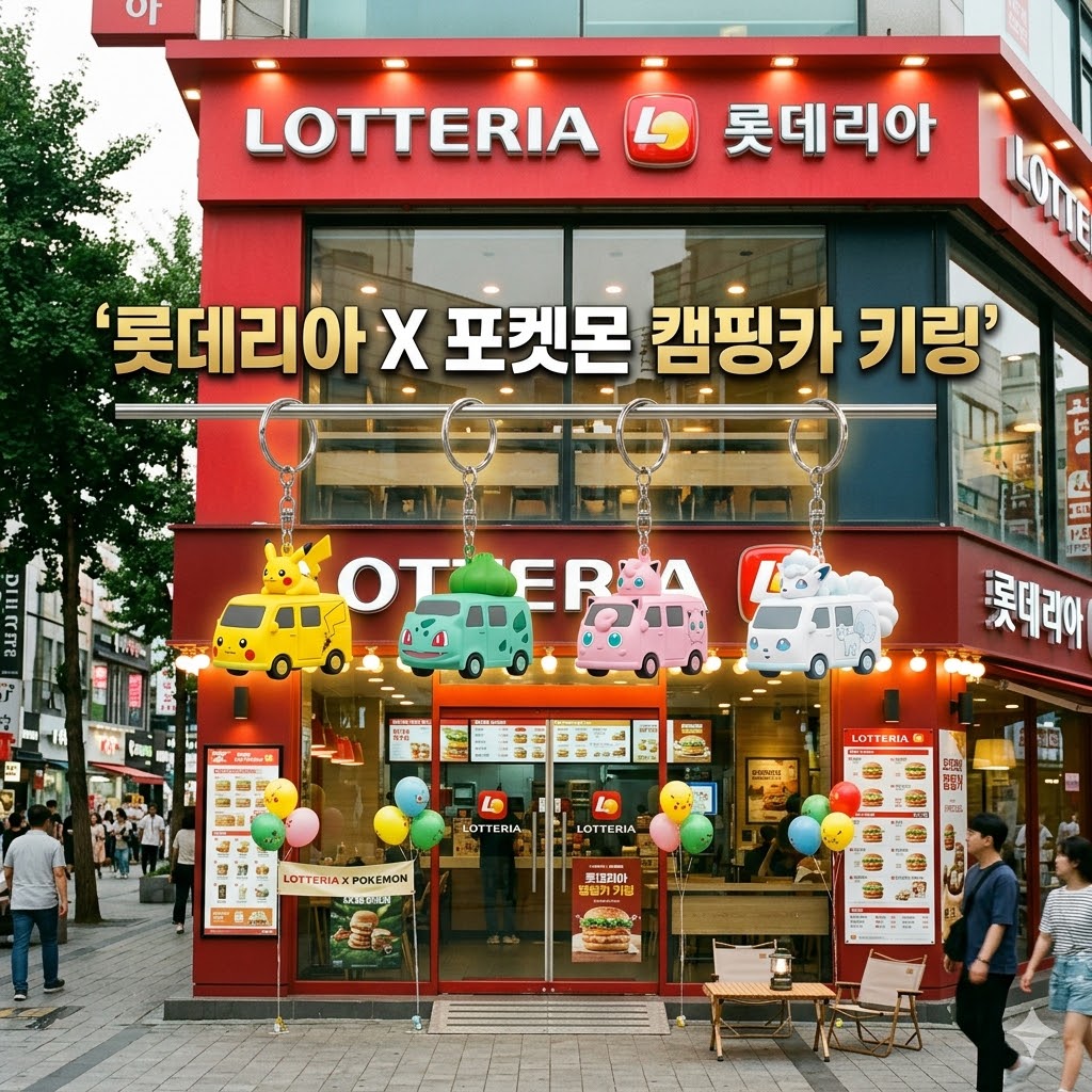 롯데리아 빨간색 매장 외관이 크게 보이고, 매장 정면 유리창과 간판에 포켓몬 캠핑카 키링 4종(피카츄, 이상해씨, 푸린, 알로라 식스테일)이 실제 상품처럼 크게 전시되어 있는 장면. 키링들은 매장 창문에 걸려 은은한 불빛이 들어오고, 바퀴가 살짝 움직이는 듯한 생동감 있는 효과를 줌.