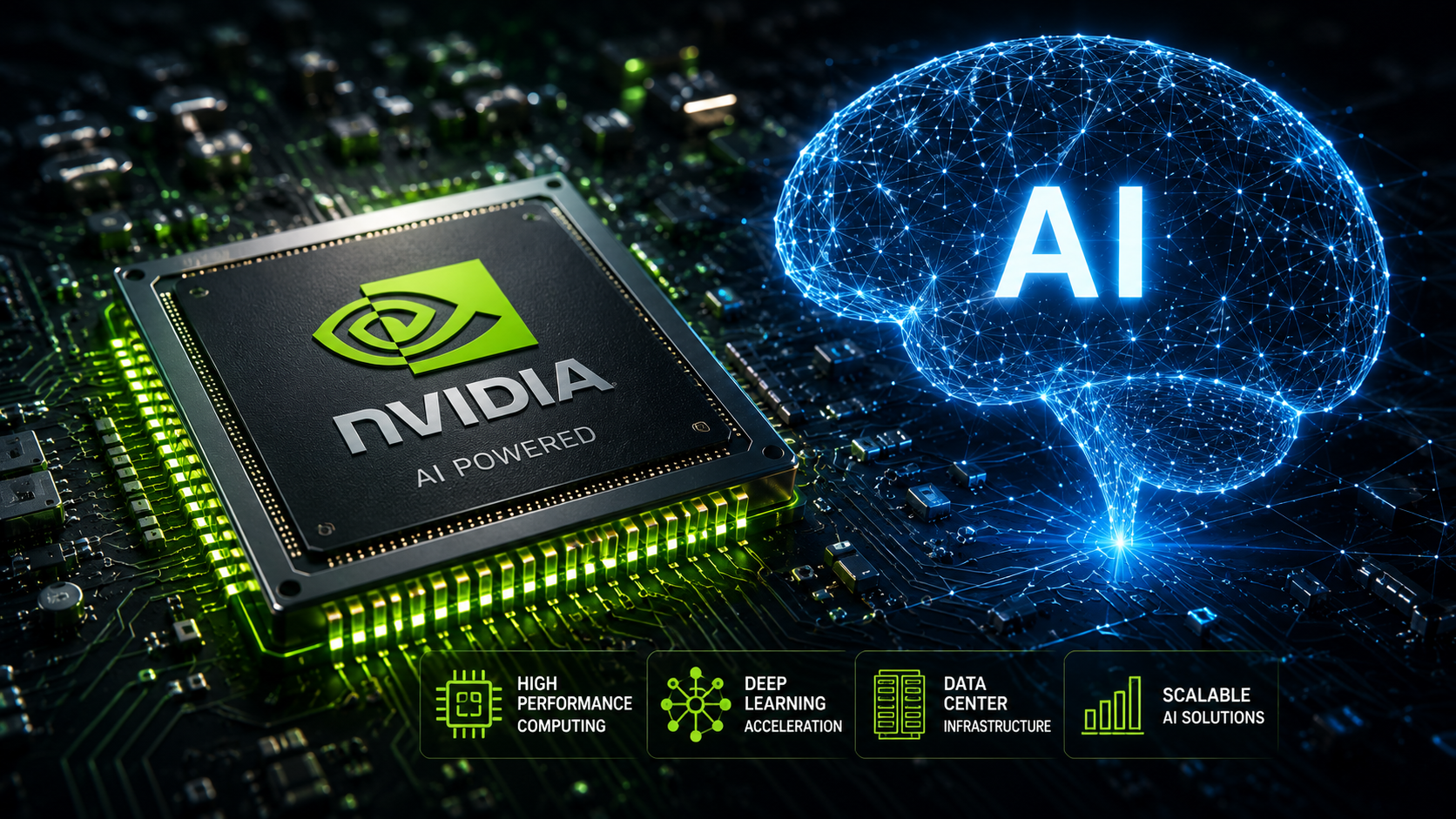 NVIDIA AI chip next to a digital brain hologram, representing AI computing power and infrastructure dominance.