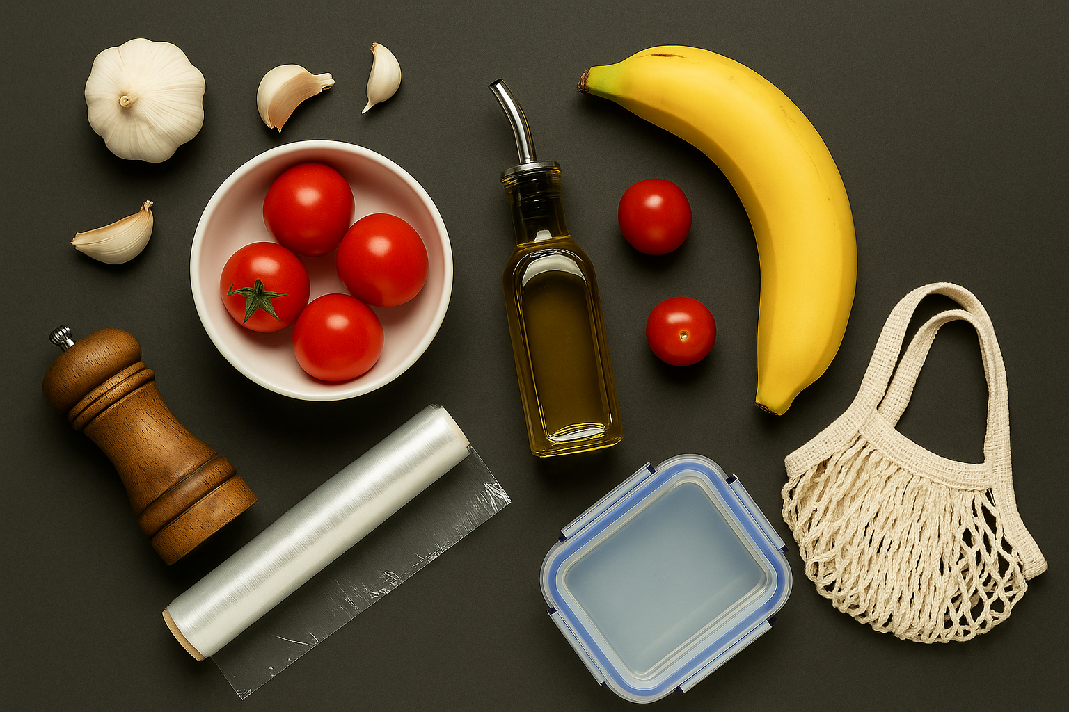 검은 배경 위에 놓인 과일과 채소, 냉장 보관이 적절하지 않은 식품을 상징적으로 표현한 사진