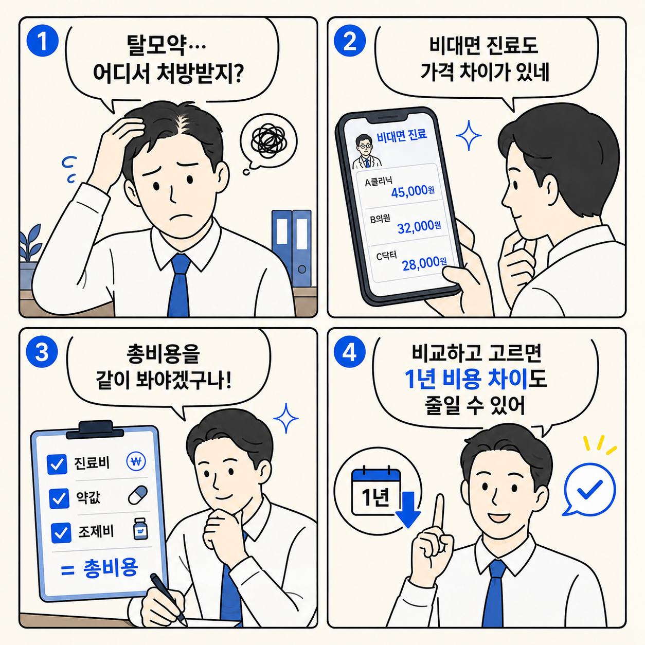 탈모약을 어디서 처방받을지 고민하는 직장인이 비대면 진료 가격 차이를 확인하고, 진료비와 약값, 조제비를 합친 총비용을 비교한 뒤 1년 비용 차이를 줄일 수 있다는 점을 깨닫는 네컷만화