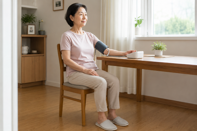 의자에 바르게 앉아 가정용 혈압 계로 혈압을 측정하는 여성