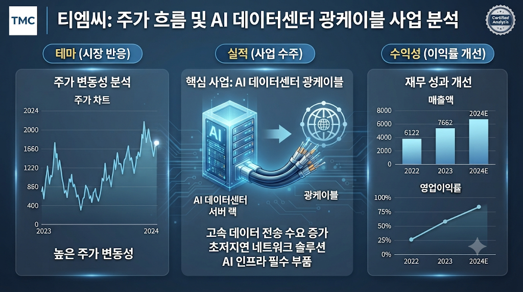 티엠씨 주가와 AI 데이터센터 광통신 사업의 관계를 설명하는 기업분석 이미지