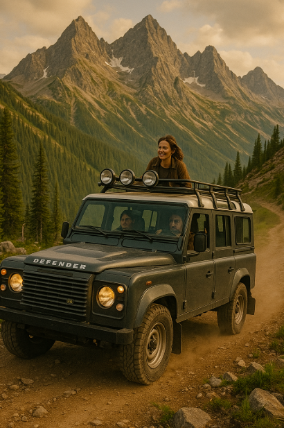 랜드로버 디펜더 110을 타고 산악여행하는 사진
