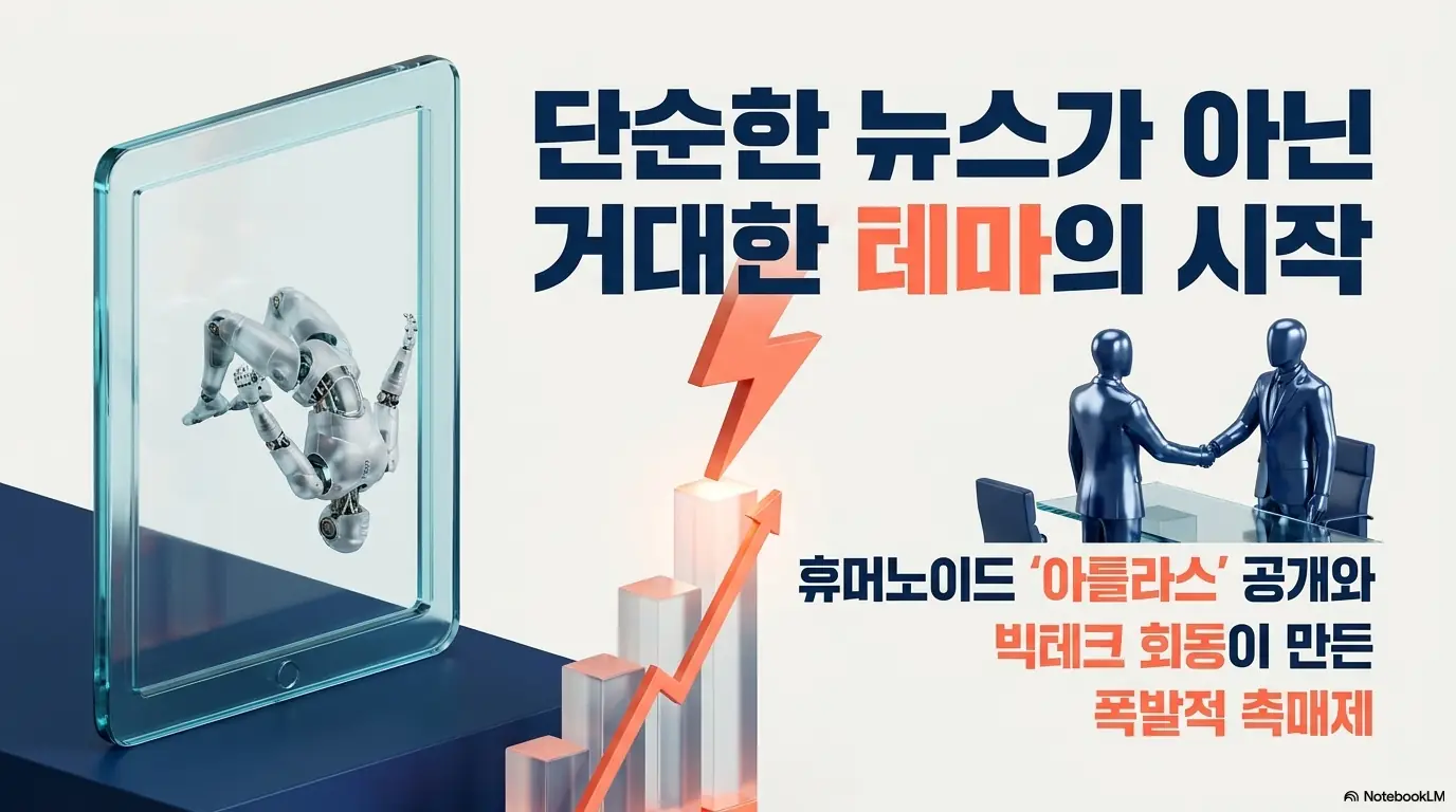 현대오토에버 주가: 휴머노이드 로봇 아틀라스 공개와 빅테크 회동이 단순한 뉴스가 아닌 거대한 로봇 테마의 시작이 되어 현대오토에버 주가의 폭발적 촉매로 작용했음을 표현한 이미지. 블로그의 현대오토에버 주가 상한가 배경과 관련된 내용을 설명함.