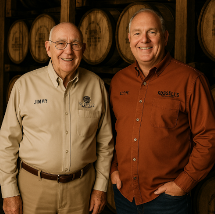 지미 러셀과 에디 러셀이 증류소에서 함께 서 있는 모습, 두 사람 모두 미소를 짓고 있으며 배경으로는 오크통이 쌓여있는 숙성창고가 보임