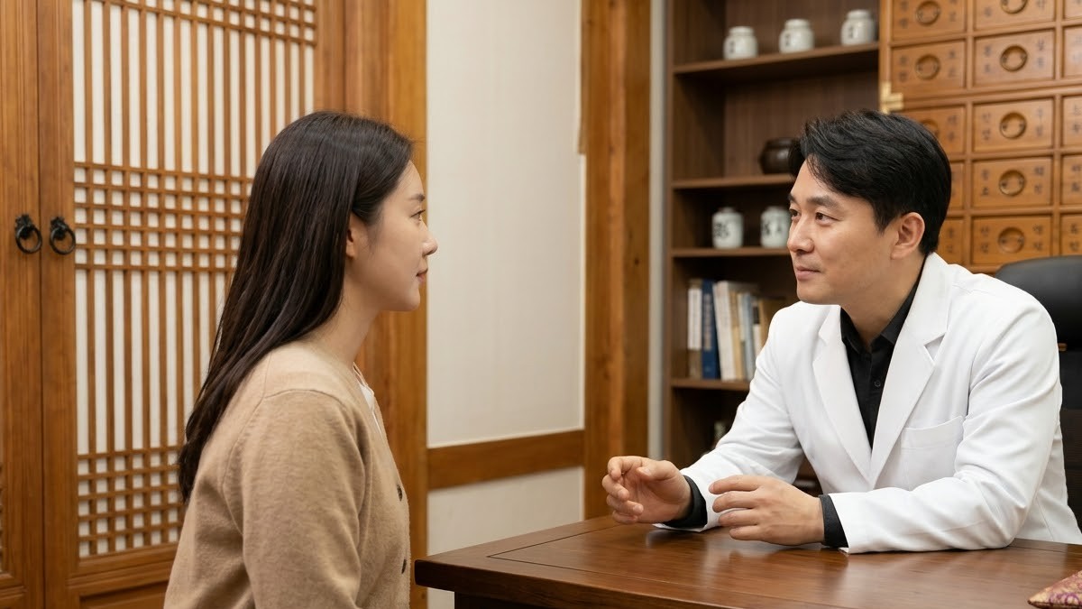 한의원 상담실에서 한의사가 환자의 눈가를 살피며 상담하는 모습