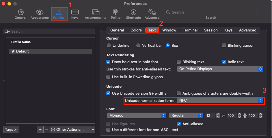 iterm2의 unicode normalization form을 NFC로 변경한 모습