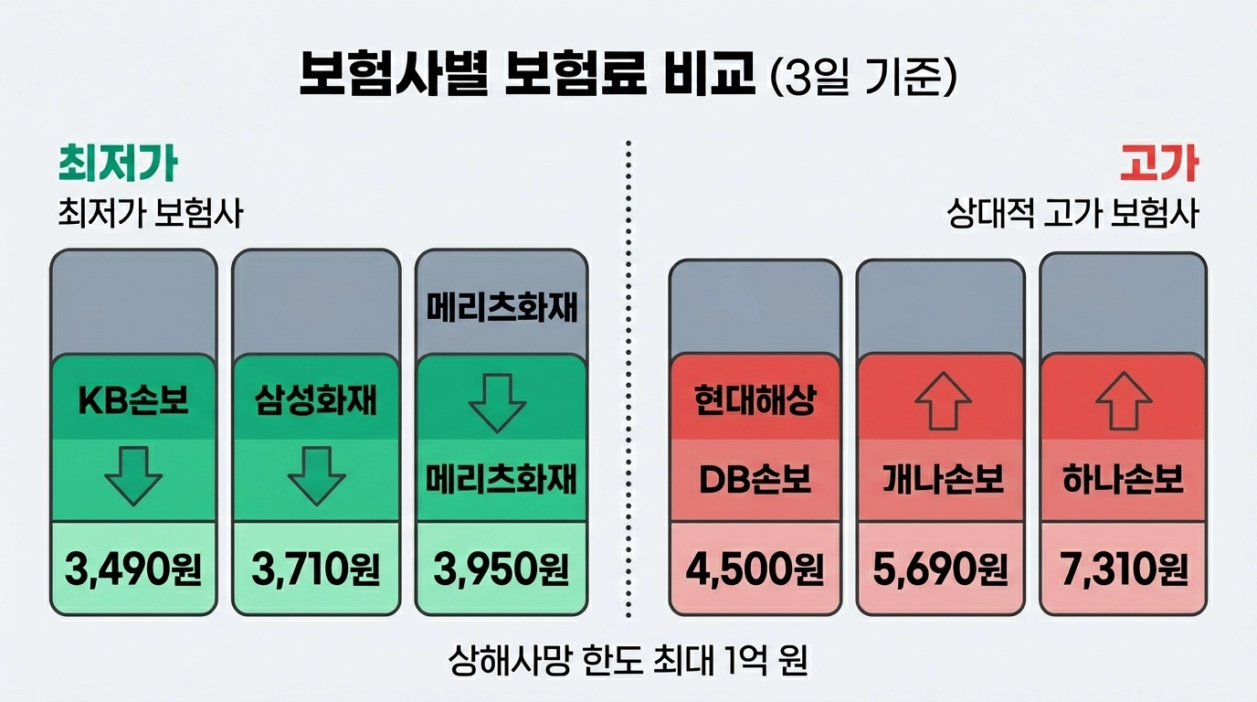 2026년 국내 여행자보험 보험사별 보험료 비교 인포그래픽 KB손보 삼성화재 현대해상