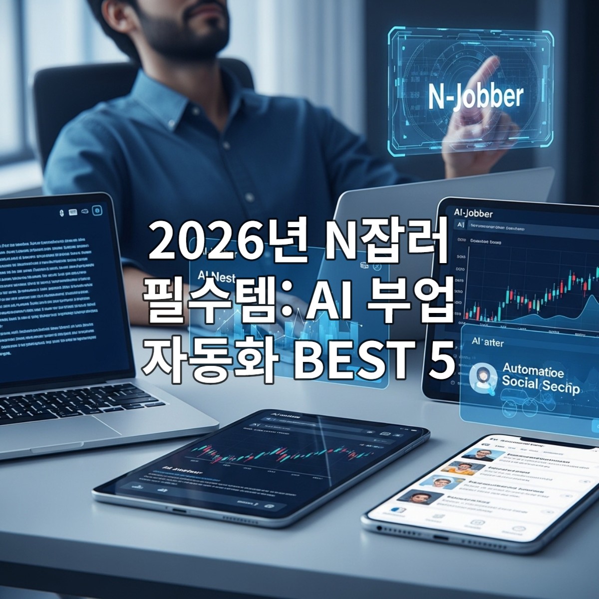 2026년 N잡러가 AI 자동화 도구로 퇴근 후 부업을 효율적으로 관리하는 모습. 미래지향적인 책상에서 여러 디바이스에 AI 인터페이스가 표시되어 콘텐츠 생성, 데이터 분석, 소셜 미디어 관리가 한눈에 보인다.